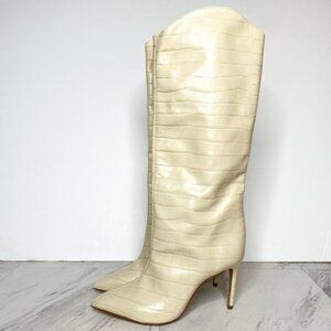 Schutz Maryana Eggshell Croc Embossed Leather Tall Heeled Boot 8 1/2 B